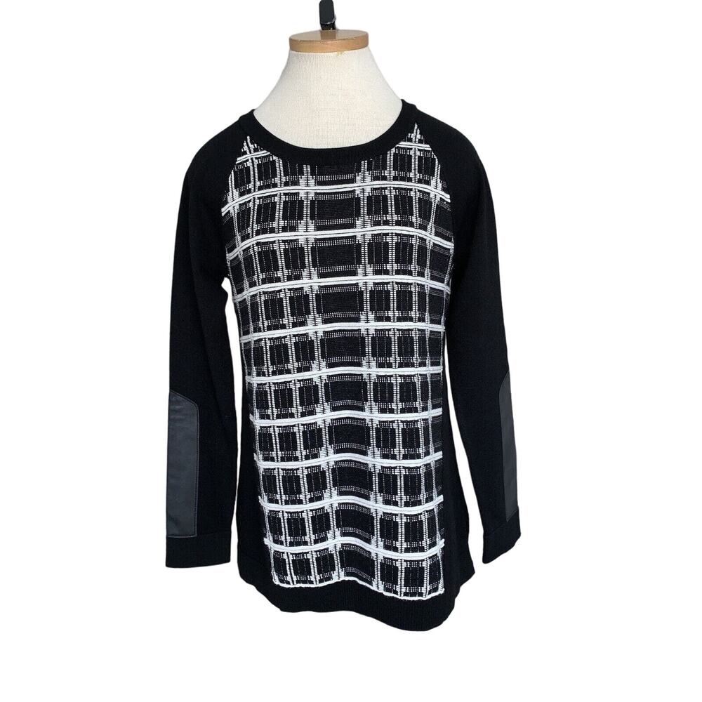 Nanette Lepore Sweater Genuine Leather Sleeve Patch Stretch Large Black White